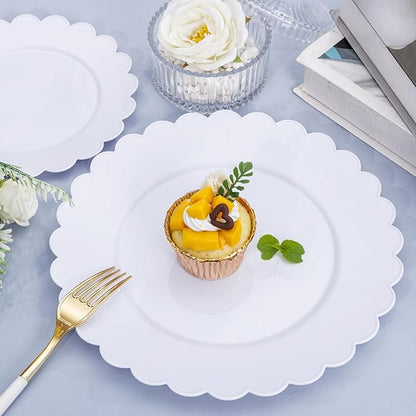 SUT 72-Pack 10.25 Inch White Heavy Duty Plastic Dinner Plates, Disposable Plates, Scallop Plates for Parties, Events, and Occasions
