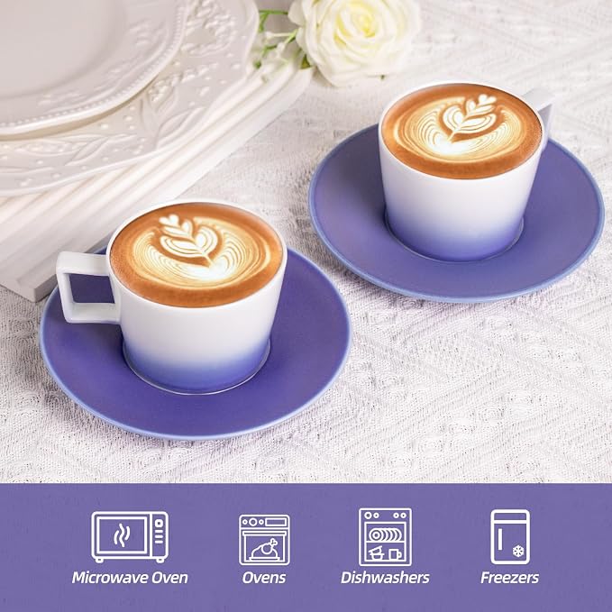 KAMMAK Ceramic Coffee Cups and Saucers Set of 2, Porcelain Espresso Cups - Image 3
