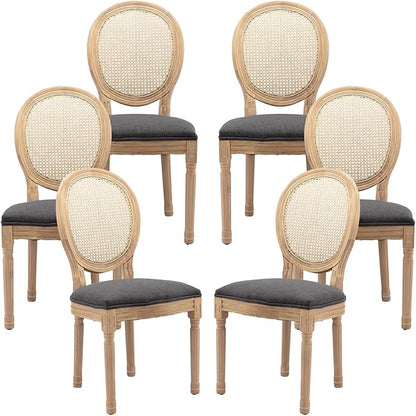 Vintage French Rattan Dining Chairs Set of 6, Solid Wood Frame with Round Rattan Back and Linen Upholstered Seat, Farmhouse Accent Sillas de Comedor Side Chairs for Dining Room & Kitchen, Gray