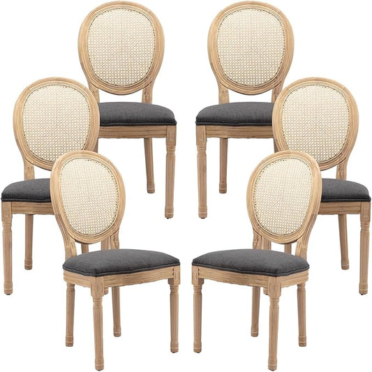 Vintage French Rattan Dining Chairs Set of 6, Solid Wood Frame with Round Rattan Back and Linen Upholstered Seat, Farmhouse Accent Sillas de Comedor Side Chairs for Dining Room & Kitchen, Gray