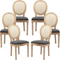 Vintage French Rattan Dining Chairs Set of 6, Solid Wood Frame with Round Rattan Back and Linen Upholstered Seat, Farmhouse Accent Sillas de Comedor Side Chairs for Dining Room & Kitchen, Gray
