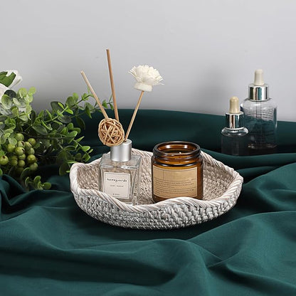 Hipiwe Handwoven Rattan Basket Tray Decorative Key Tray for Entryway Table Handwoven Wicker Storage Bowl for Fruit Bread Candy, Whitewash 7.9 Inch