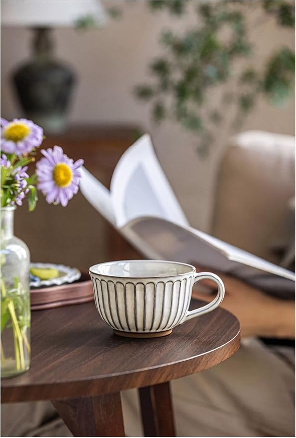 12 oz Ceramic Coffee Mug, Vintage Style Coffee Cup 350ml Rustic Ribbed Coffee - Image 7
