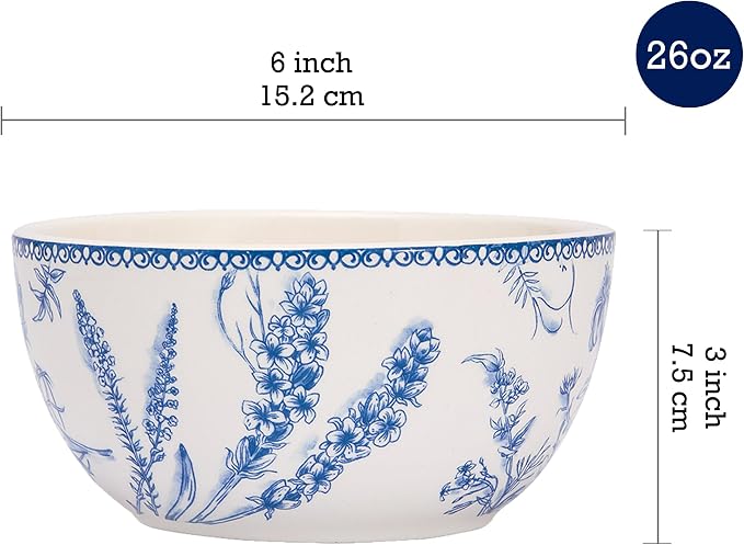 Bico Blue Garden Toile De Jouy Cereal Bowls Set of 4, 26 oz Deep Ceramic Soup - Image 2
