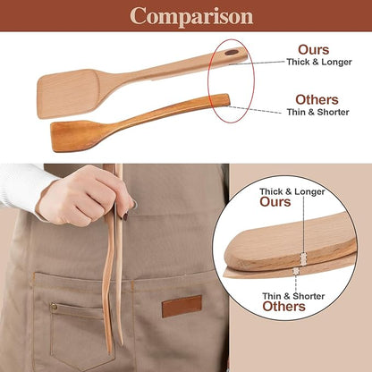 Wooden Cooking Utensils, 6 Pieces Natural Beech Wooden Spoons For Cooking with Unique Notch & Heat Resistant Design, Non-Stick Wood Kitchen Utensil Set with Hanging Hole for Kitchen Essentials