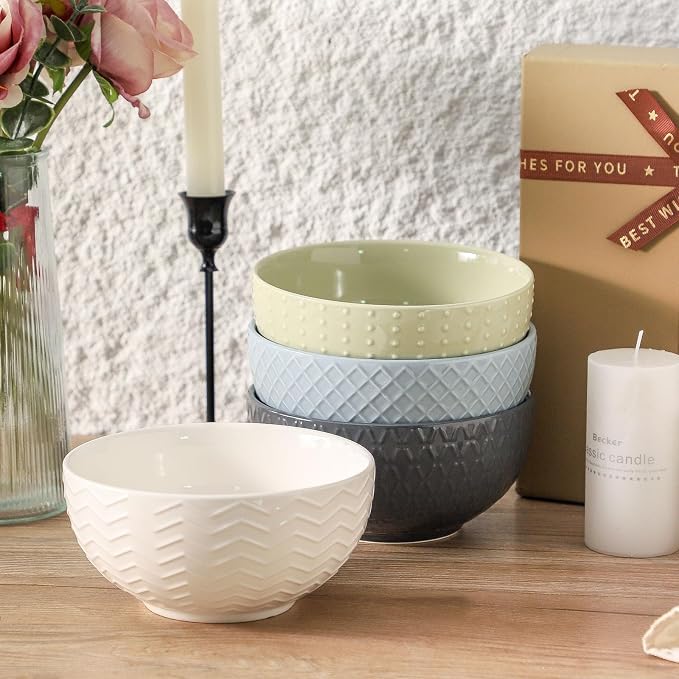 HASENSE Ceramic Cereal Bowls Set of 4, 26 OZ Soup Bowls, Embossed Stoneware - Image 5