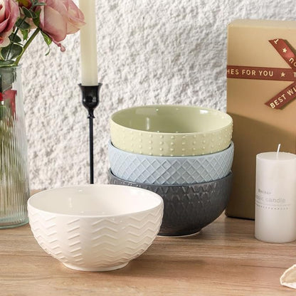 HASENSE Ceramic Cereal Bowls Set of 4, 26 OZ Soup Bowls, Embossed Stoneware - Image 5