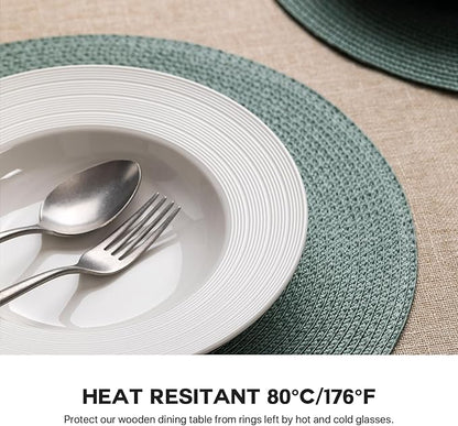 Round Placemats Set of 6 Plastic Woven Placemats Washable Wipeable Table Mats for Dining Table Heat Resistant Non-Slip Circle Place Mats (Dusk Green)