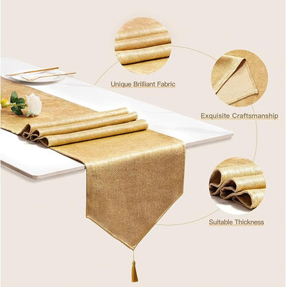 BALCONY & FALCON Table Runner Faux Linen Shimmer Gold 14"x95" | Tasselled - Image 2