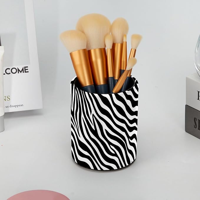 Leather Pen Holder for Desk, Zebra Print Pencil Cup Pen Organizer Makeup Brush - Image 6