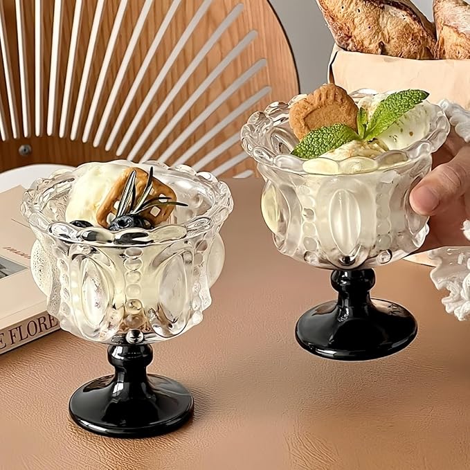 Carnival Glass Vintage Footed Dessert Cups Set of 2, 9oz Embossed Goblet - Image 2