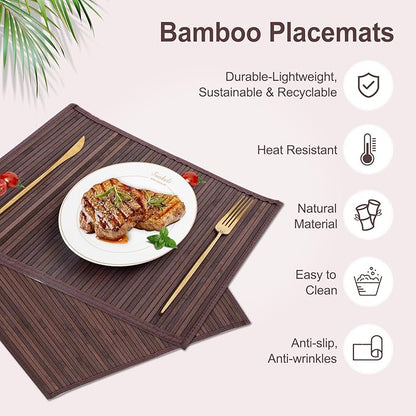 Bamboo Placemats with Fabric Border Set of 4 Natural Bamboo Rectangular Rolling Table Mats for Dining Kitchen Table Heat Resistant Table Protection Dark Brown