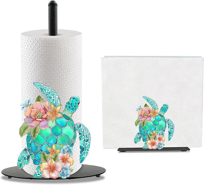 Sea Turtle Paper Towel Holder, Coastal Beach Ocean Countertop Decor Indoor with Round Base, Sea Turtle Gifts for Women, Iron Beachy Themed Napkin Holder Stand Accessories for Bathroom Kitchen, 2 PCS