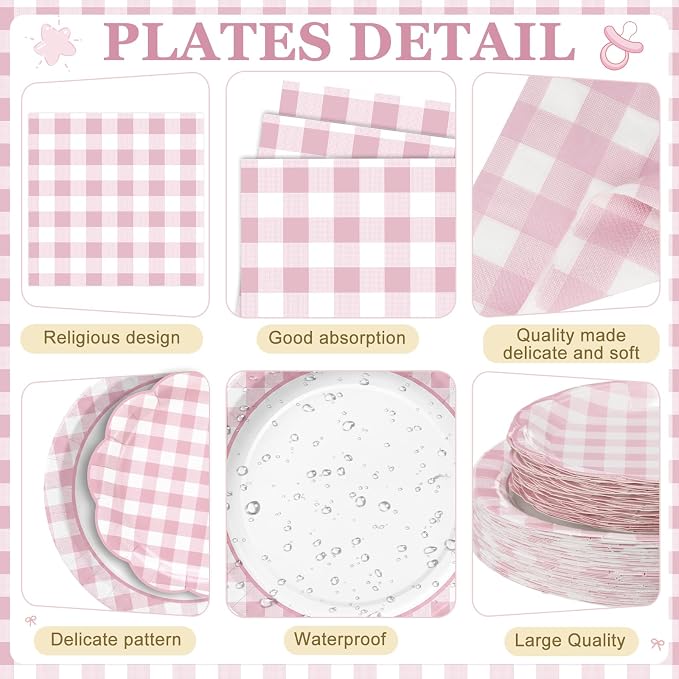 Funnymoom 250 Pcs Pink Gingham Paper Plates and Napkins Party Supplies Pink - Image 2