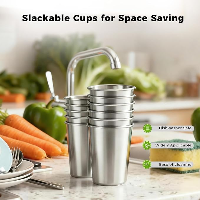 10 Pack 16 oz 304 Stainless Steel Pint Cups, Shatter-Resistant | Food-Grade 304 - Image 2