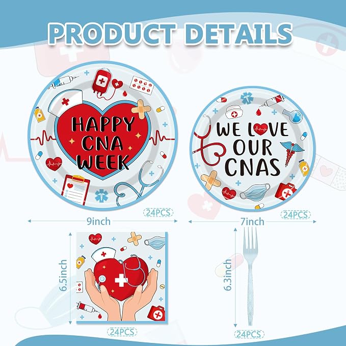 EUOYUFO 96Pcs Happy CNA Week Paper Plates Napkins Forks CNA Week Party Tableware - Image 2