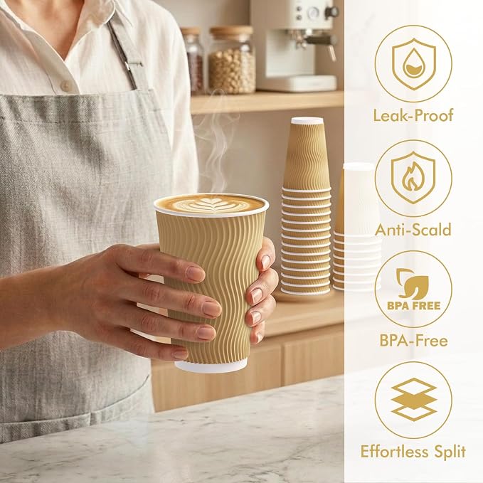 90 Count 16 oz Coffee Cups, Insulated Ripple Wall Paper Hot Cups, Leak-Proof - Image 4