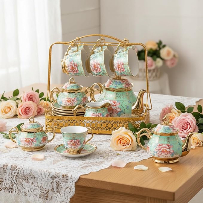 22 Pcs Porcelain Tea Set with Metal Holder, Vintage European Floral Tea Set - Image 3