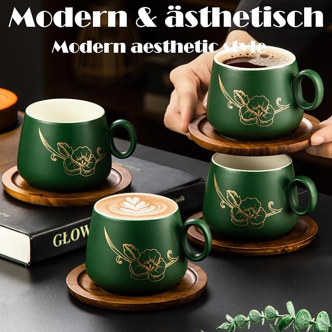 Yundu 10oz Cappuccino Cups & Wooden Saucers Set - Image 5
