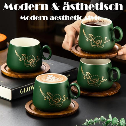 Yundu 10oz Cappuccino Cups & Wooden Saucers Set - Image 5