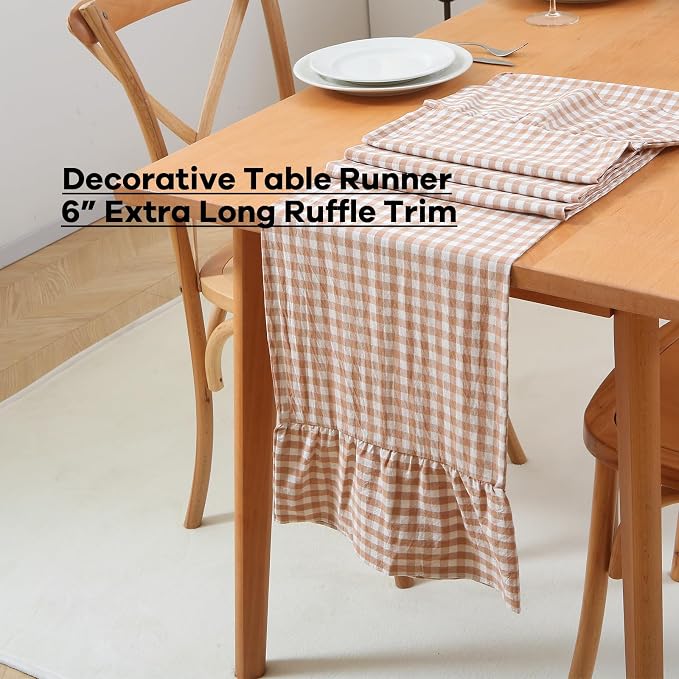 Taupe White Plaid Gingham Ruffle Table Runner 120 inches Long 100% Washed - Image 3