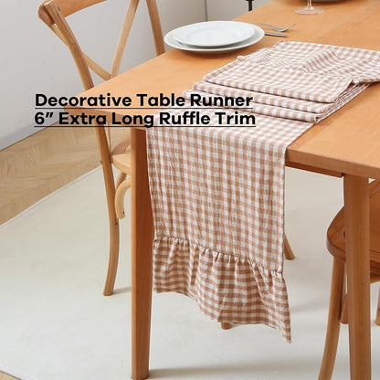 Taupe White Plaid Gingham Ruffle Table Runner 120 inches Long 100% Washed - Image 3