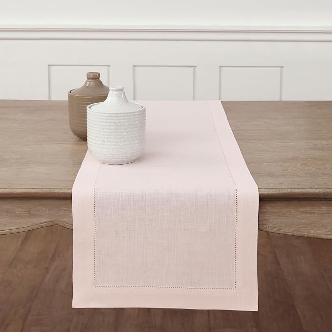 Solino Home 100% Pure Linen Dining Table Runner Pink Hemstitch, 14 x 108 in | by SolinoHome