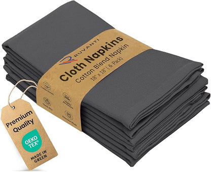 Ruvanti Cloth Napkins Set of 6, 18x18 Inches Napkins Cloth Washable, Soft, Durable, Absorbent, Cotton Blend. Table Dinner Napkins Cloth for Hotel, Lunch, Restaurant, Wedding Parties - Dark Grey