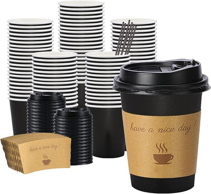 100 pack 12 oz Thickened Coffee Cups with Lids, Scald Resistant Hot Cups with Sleeve and Straw, To Go Coffee Cups for Home, Office, Cafes and Party (Black 12oz)