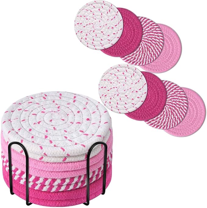 Drink Coasters 8 Pack with Holder, 4-Color Cotton Woven Absorbent Coasters Set by Brillirare