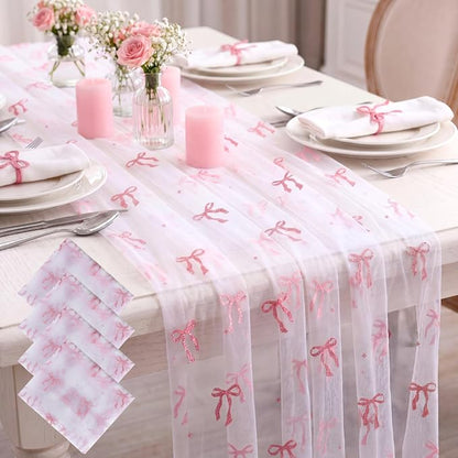 4 Pcs Pink Bow Table Runners 29 x 70 Inch White Tulle Lace Table Runner by Windkream