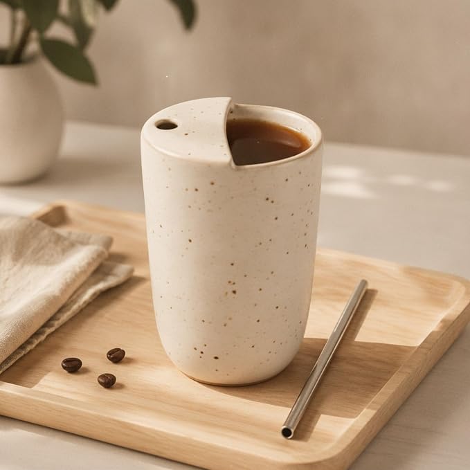 1 Pack Ceramic Coffee Mug with Sip Hole 9.5oz Retro Espresso Cup with Straw and - Image 6