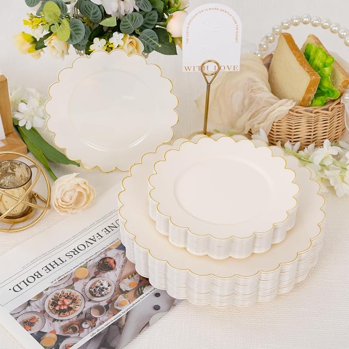 100pcs Scalloped Ivory Gold Plastic Plates, Elegant Party Plates | Includes 50 - Image 6