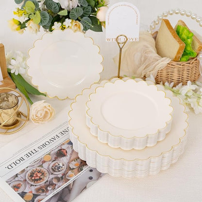 100pcs Scalloped Ivory Gold Plastic Plates, Elegant Party Plates | Includes 50 - Image 6