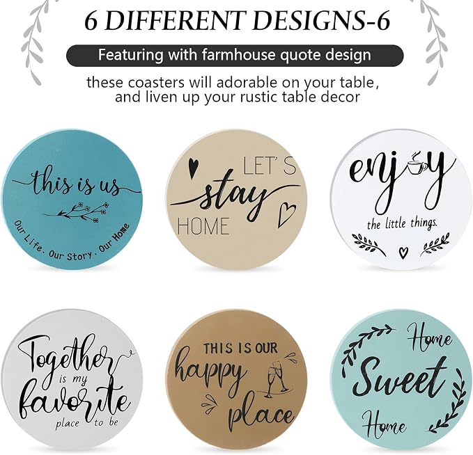 Queekay Coasters Set of 6 House Warming Gifts New Home Wooden Farmhouse Drink - Image 4