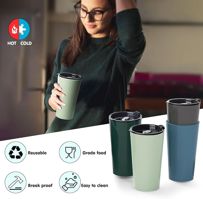 Greentainer 4 Pack Plastic Travel Coffee Mug Set, 20 oz Spill Proof Drinking - Image 3