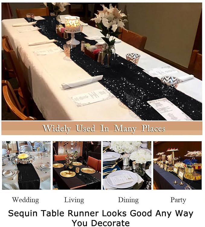 ShinyBeauty Table Runner 48 Inches Long Sequin Black Table Runner Small Sparkle - Image 6