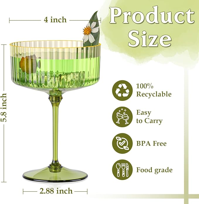24 PCS Gold Rim Plastic Champagne Coupe Cup Sage Green Ribbed Coupe Glasses 10oz Detachable Espresso Martini Glass Vintage Margarita Glassware Cocktail Glass Set for Baby Shower Christmas Wedding