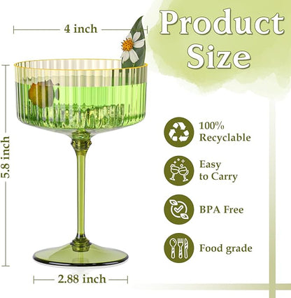 24 PCS Gold Rim Plastic Champagne Coupe Cup Sage Green Ribbed Coupe Glasses 10oz Detachable Espresso Martini Glass Vintage Margarita Glassware Cocktail Glass Set for Baby Shower Christmas Wedding