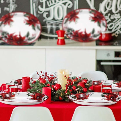 50 Pcs Christmas Oval Plates 10" x 12" Large Disposable 400 GSM Heavy Duty Red Poinsettia Floral Paper Dessert Plates Christmas Birthday Party Decorations for Festive Xmas Theme Dinner Party Supplies