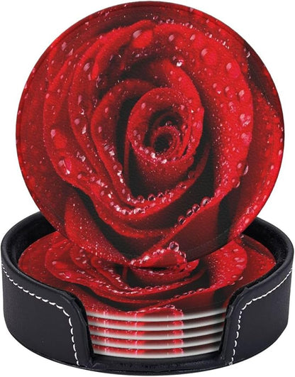 6 Pcs Red Rose Leather Coasters by Jfniub