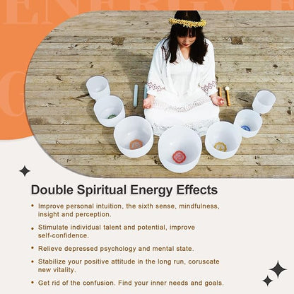 CVNC 432HZ 7-12 Inch Chakra Symbol Design Frosted Quartz Crystal Singing Bowl with 2 PCS Travel Carry Case Bag for Sound Healing