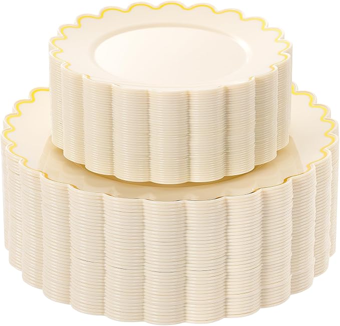 LIYH 100 Pcs Heavy Duty Ivory Gold Plastic Plates by LIYHLoveinyourheart
