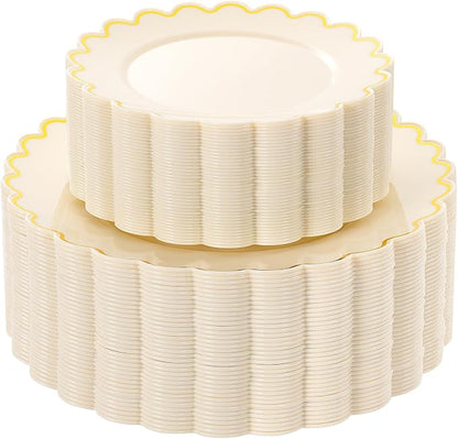 LIYH 100 Pcs Heavy Duty Ivory Gold Plastic Plates by LIYHLoveinyourheart