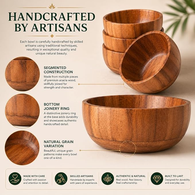 Acacia Wood Round Serving Bowls Set of 4 U Shape Handmade 4.75 Inch Medium Size - Image 3