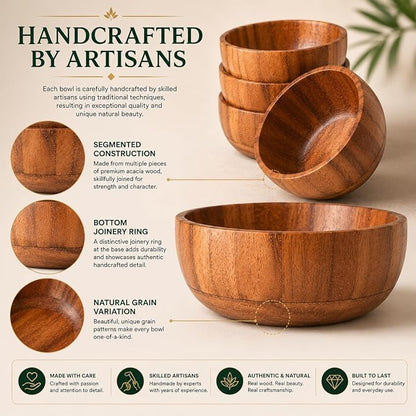 Acacia Wood Round Serving Bowls Set of 4 U Shape Handmade 4.75 Inch Medium Size - Image 3