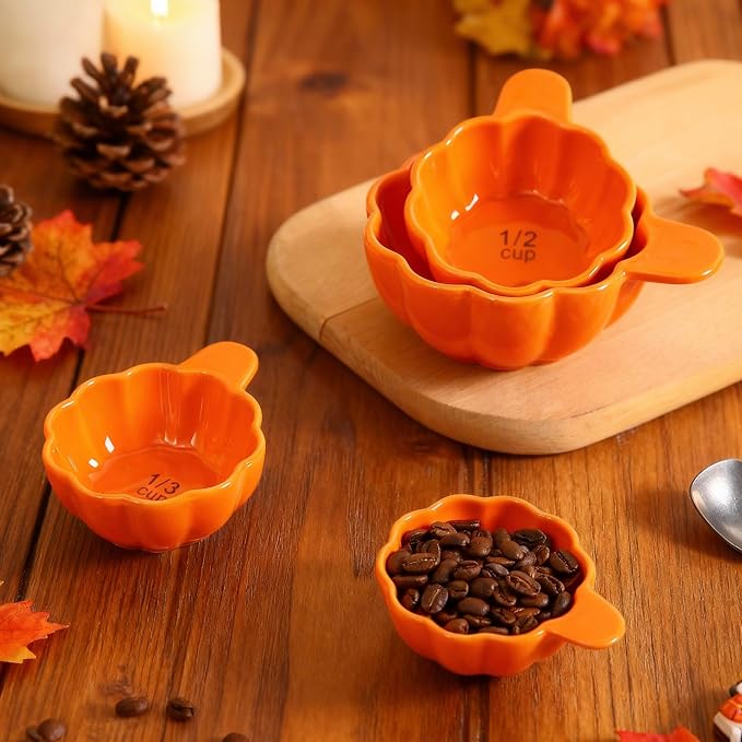 Pumpkin Ceramic Measuring Cups, 4-Piece Set, ⅓ & ¼ Cup Sizes, Baking & Cooking - Image 6