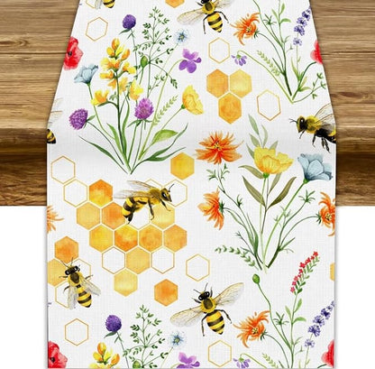 Summer Bee Table Runner, Seasonal Spring Wildflowers Bee Yellow Honeycombs by JanJCurt