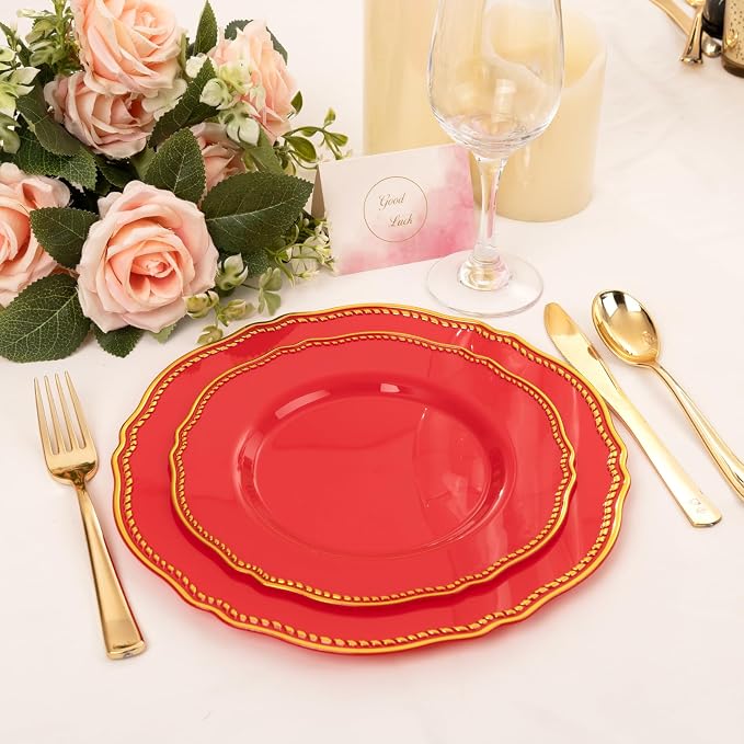 60 Pcs Red Gold Dinner Plates for Party | 10.25 inch Heavy-duty Disposable - Image 7