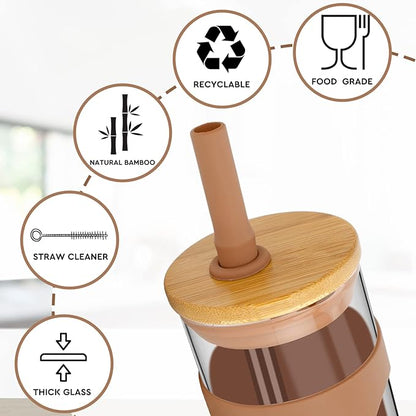 Tronco 22oz Glass Tumbler with Bamboo Lid and Straw, Reusable Iced Coffee Cup for Boba Tea, Smoothies & Cold Drinks, Spill-Proof Glass Cup with Silicone Sleeve, Dishwasher Safe, BPA-Free (Pack of 1)